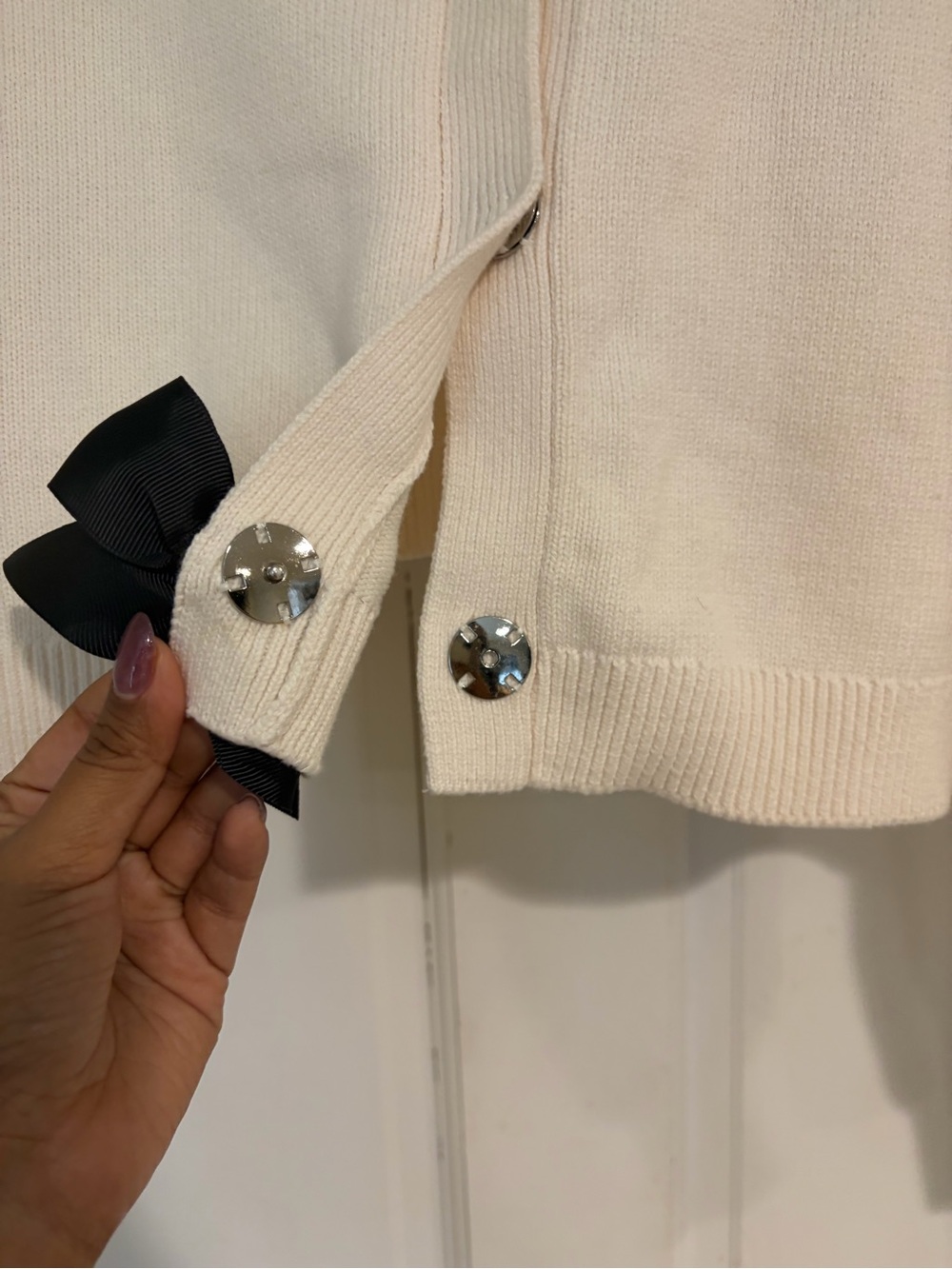 LOFT Cream Cardigan with Black Bow Detail - Picture 3 of 6
